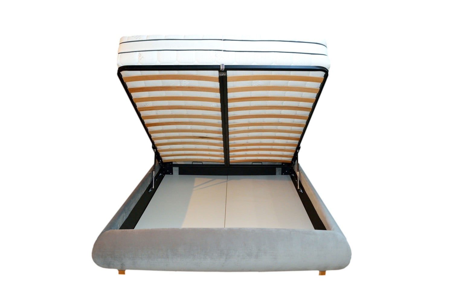 Model de pat tapitat 160 Monte Carlo cu vedere interioara a ladei de depozitare si a sistemului de prindere cu coltare model iak.ro-min